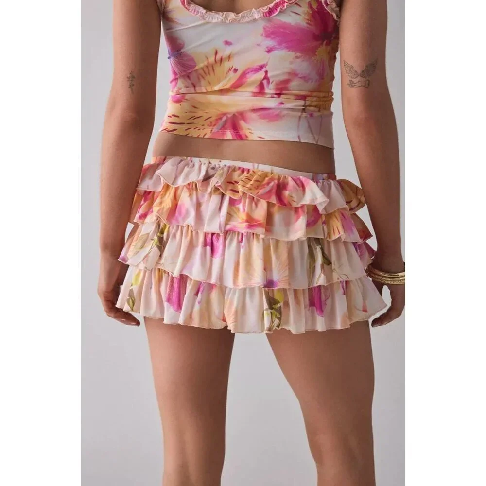 Out From Under Skirt Womens L Pink Floral Ruffle Tiered Mini Urban Outfitters